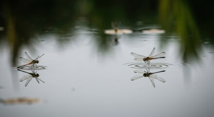 Dragonflies alight on serene water, creating elegant reflections