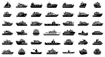 Collection of various black silhouettes of boats and ships on white background. © Muhammadagil