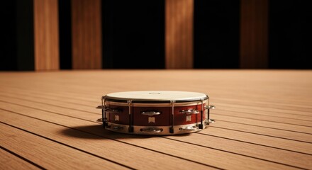 A single percussion instrument sits on a wooden stage, isolated