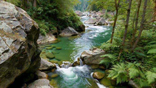 exceptionally high resolution 8K top down stock video captures breathtaking natural scene where tranquil clear stream of water flows gently and purposefully around and between rugged worn rocks all