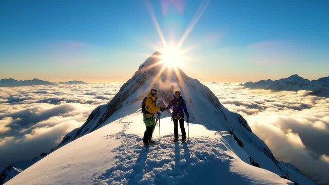 Mountaineers Reaching Snowy Peak Summit High Above the Clouds at Sunrise