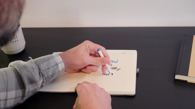 Middle Aged Man Mind Map Journaling Goals and Resolutions - Renewed for New Year's Creative Writing Concept - Analog Digital Detox Pen to Paper