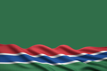 Dynamic waving flag of Gambia with green copy space above, perfect for national pride displays and patriotic events, celebrate Gambian heritage and culture