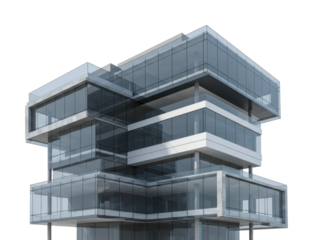 Modern glass building features a striking architectural design with multiple transparent levels and contemporary concrete elements, symbolizing urban innovation.