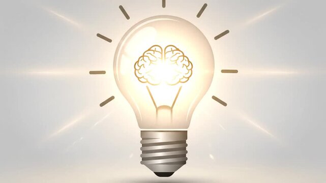 Illuminated Light Bulb with Brain Inside Symbolizing Idea and Innovation.