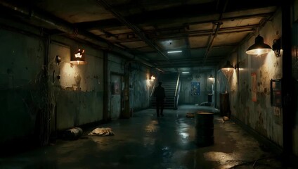 atmospheric ultra HD 4K 3D rendered journey through urban underpass featuring flickering dim and extinguished lights with stairs glowing faintly at far end evoking mystery and