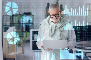 Double exposure of mature data science working with laptop in office and virtual screen with statistics