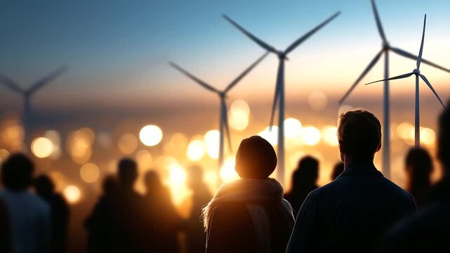 Turbines as alternative electricity sources sustainable resources concept faceless community people defocused landscape background generators providing renewable energy clean