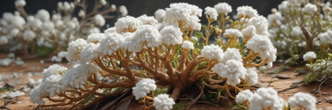 Fungal growth on cotton substrate with intricate branching patterns and white fluffy texture ,  rhizopus, fungi,  laboratory