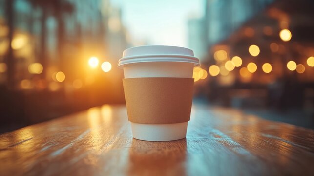 Disposable coffee cup on wooden table, city lights bokeh - Powered by Adobe