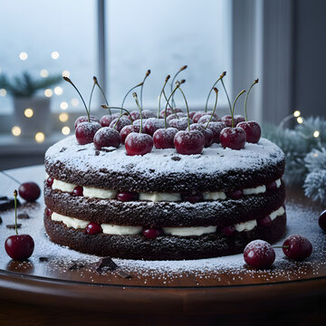Black Forest gateau styled for a winter celebration, dusted with powdered sugar like snow