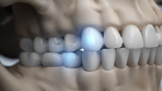 Detailed 3D rendering of human teeth and jaw, with blue highlights indicating sensitive or problem areas.