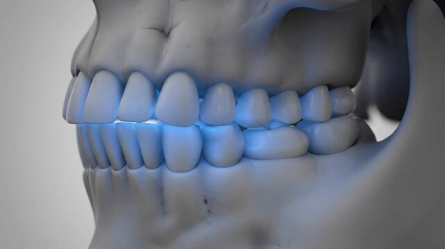 3D rendering of human jaw and teeth with blue glow highlighting dental structure.