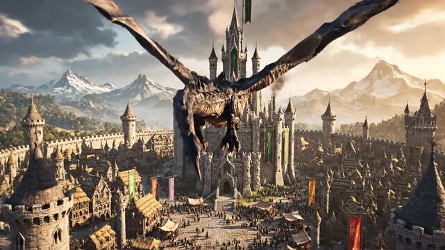 dragon attacking medieval castle