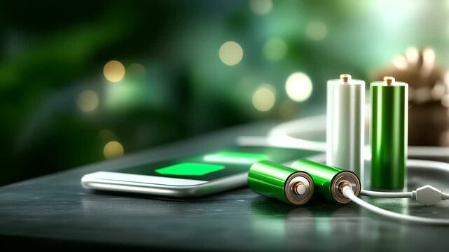 Technology battery high power electric energy with connected charging cable defocused green background electric vehicle battery storage clean renewable future mobile device pow