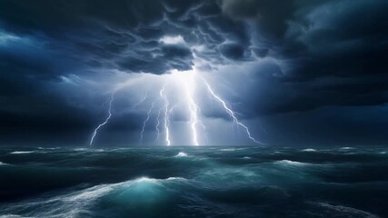 Dramatic lightning storm illuminates the vast, turbulent ocean under a menacing dark sky, showcasing the raw power of nature's tempest and overwhelming beauty - Powered by Adobe