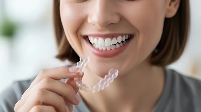 Smiling woman holding clear dental aligner showcasing her straight white teeth and healthy smile