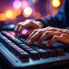 Close up of person typing on a backlit keyboard with colorful bokeh lights in the background at night