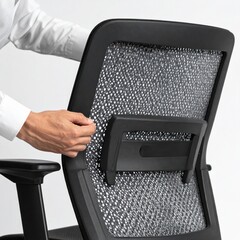 Office Chair Back Support Adjustment Human Hand In White Shirt Setting Ergonomic Mesh Backrest Close Up Studio Shot White Background