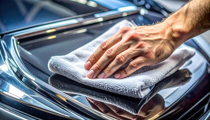Close Up Of A Hand Polishing A Shiny Black Car Surface With A White Microfiber Cloth In A Well Lit Garage