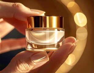 Close Up Of A Woman's Hands Gently Holding A Small Glass Jar Of White Cream With A Golden Lid Illuminated By Soft Warm Light