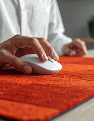 Close Up Of A Person In A White Shirt Using A Computer Mouse On A Bright Orange Desk Mat