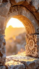 Ancient Stone Archway Bathed In Golden Sunset Light Revealing Textured Rocky Landscape Below Warm Hues Dominating The Horizon With Ornate Carvings On The Edges