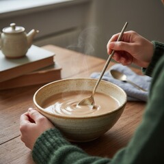 Close Up of Person Stirring Steaming Hot Beverage in Ceramic Bowl with Long Spoon on Wooden Table Cozy Atmosphere