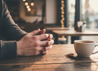 Man Resting Hands On Wooden Table Beside Coffee Cup Indoors Cafe With Bokeh Lights