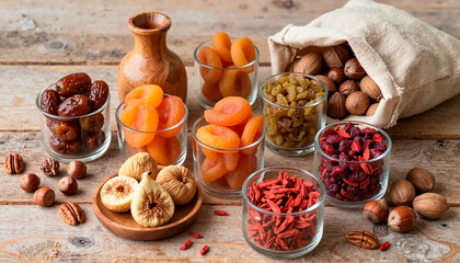 Various dried fruits and nuts neatly arranged on a rustic wooden surface