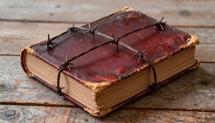 Old book wrapped with barbed wire symbolizing mystery and intrigue on a rustic wooden surface
