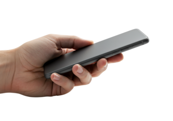 Human hand holding a modern smartphone device with a blank screen, ready for interaction and displaying digital content or communication.