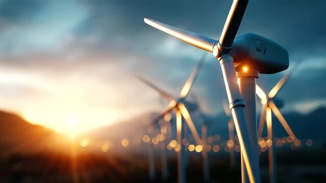 Turbines generating electricity in field defocused landscape background windmill energy production renewable power facility sustainable generation installation with copy space