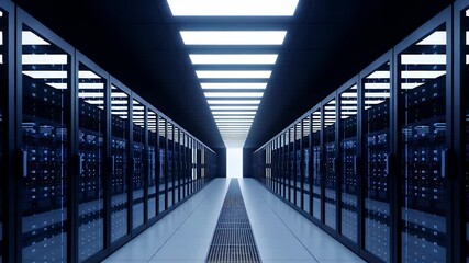 A modern server room with rows of computer servers and bright lighting, ideal for data centers, cloud computing, and IT infrastructure