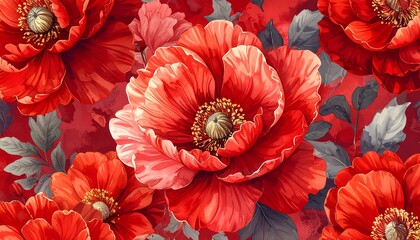 Close-up of vibrant red blooms and delicate petals, with golden centers, and soft grey leaves. The background is a similar tone
