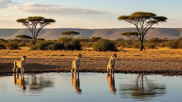 Cheetahs by a water source under the serene African sunset.