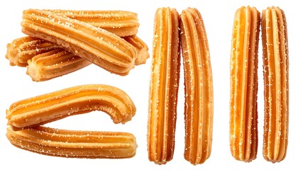 Close-up studio shot featuring multiple cinnamon-sugar-dusted, golden-brown fried dough pastries. They have a ridged texture, and some are stacked