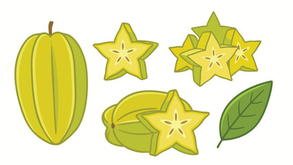 Starfruit (Carambola) Illustration Set with Whole, Slices and Leaf