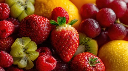 Colorful Mixed Fresh Fruits Including Strawberries, Kiwi, and Lemons for Healthy Diet and Nutrition