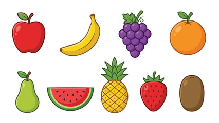Colorful Fruit Icon Set with Apple Banana Grape Orange and More