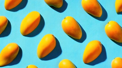 Yellow mangoes are scattered on a blue surface. The arrangement shows their shapes and colors clearly under bright light. This setting highlights the fruit's appeal.