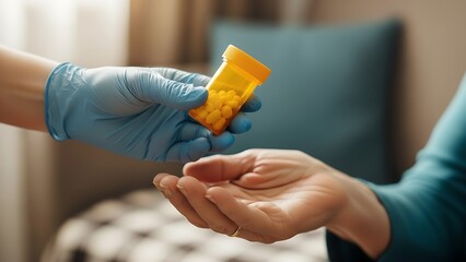 person wearing a blue medical glove delivering an amber bottle with yellow tablets to another open hand. Indoor environment, warm lighting and focus on hands