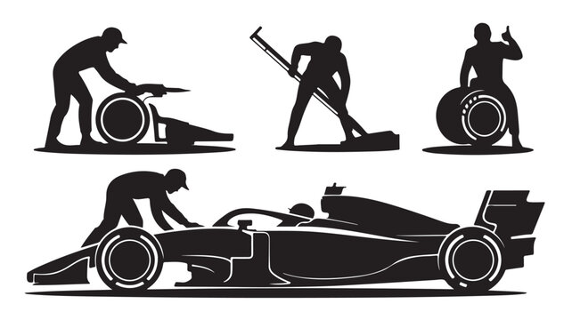Motorsport Pit Crew Teamwork dynamic silhouette vector illustration in monochrome graphic style for racing industry design.