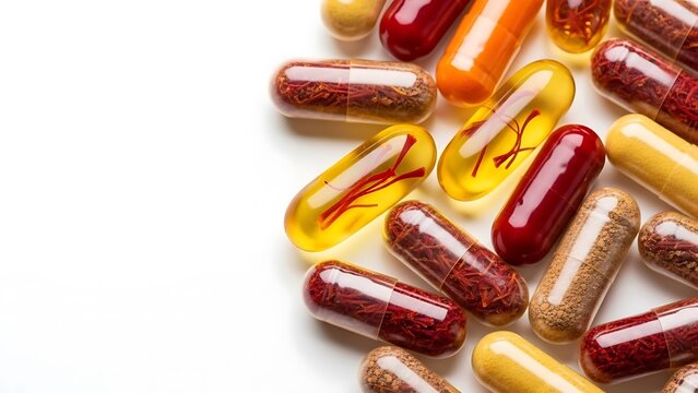 Colored drug capsules with natural ingredients, supplement concept, health and wellness