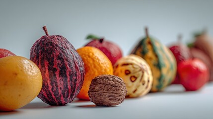 Assorted Fresh Fruits Including Apples, Oranges, and a Walnut on a Light Background