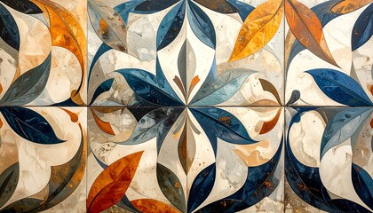 Close-up view of a mosaic design with stylized leaves in various shades