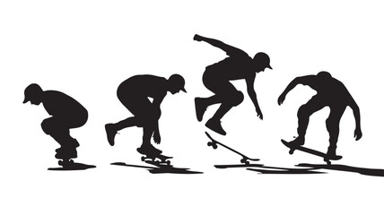 Skateboarder performing jump trick in dynamic action sequence with stark black silhouette graphic on clean white background for extreme sports design.