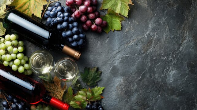 Two wine bottles sit beside green and black grapes on a dark stone surface. Two glasses rest nearby. This scene shows an autumn theme with lush grape leaves.