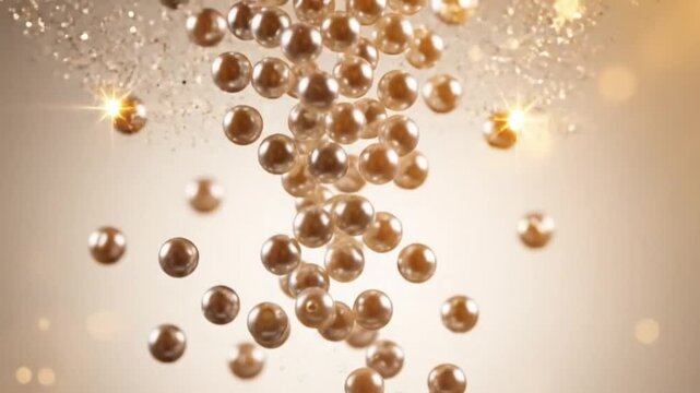 Floating Golden Pearls in Soft Light with Sparkling Particles