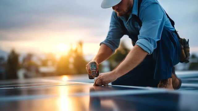 Technician installing photovoltaic panels on rooftop faceless handyman defocused residential background solar power installation renewable energy setup sustainable electricity